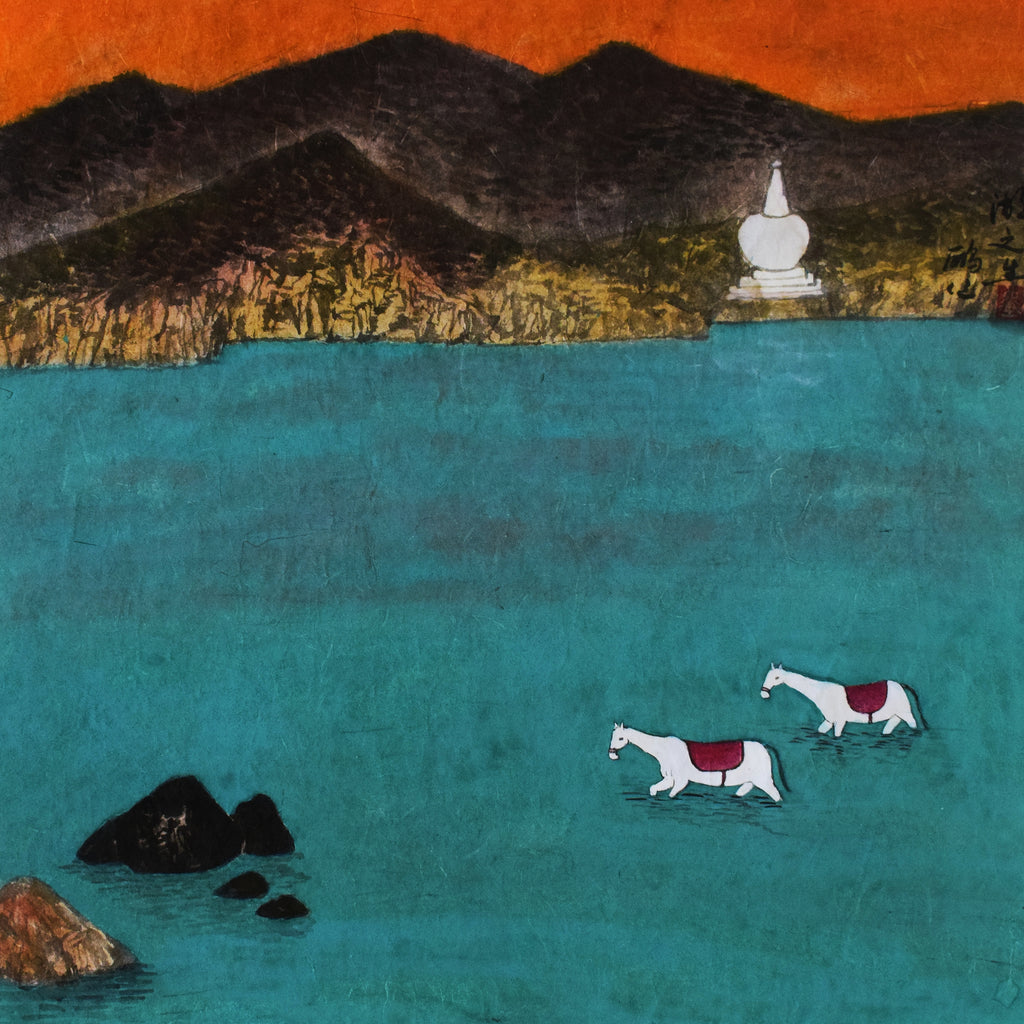 Original contemporary Chinese ink and color painting 'Night Wind - Stillness' by Liu Yipeng, two white horses on calm blue water with traditional mineral pigments on Xuan paper, zen-style spiritual wall art, high-end fine art collectible.