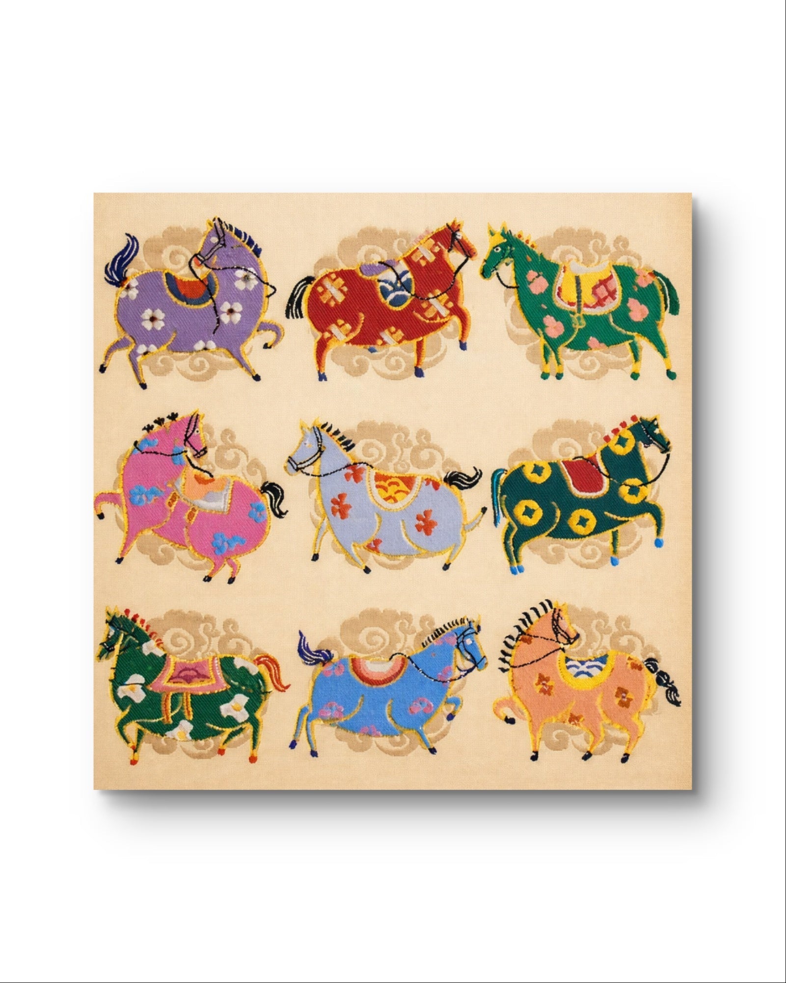Nine Auspicious Horses | Chinese Embroidered Silk Art 13.6'' × 13.6'' | Chinese Original Painting | Magic Bear Art