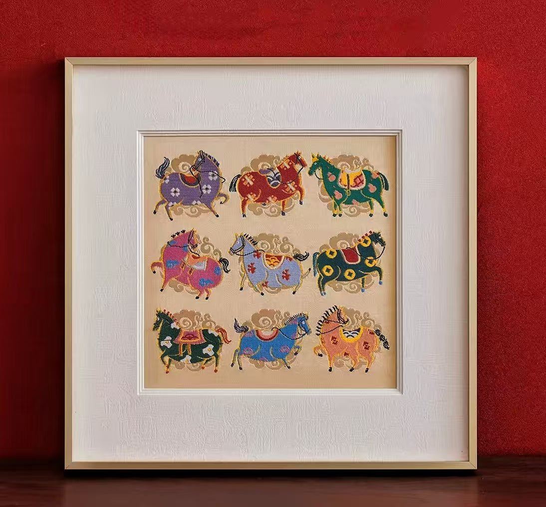 Nine Auspicious Horses丨Chinese Silk Yun Brocade Artwork 13.6'' × 13.6'' | Chinese Original Painting | Magic Bear Art