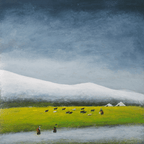 Plateau Pasture - Acrylic on Xuan Paper 27.6" × 27.6" | Chinese Original Painting | Magic Bear Art