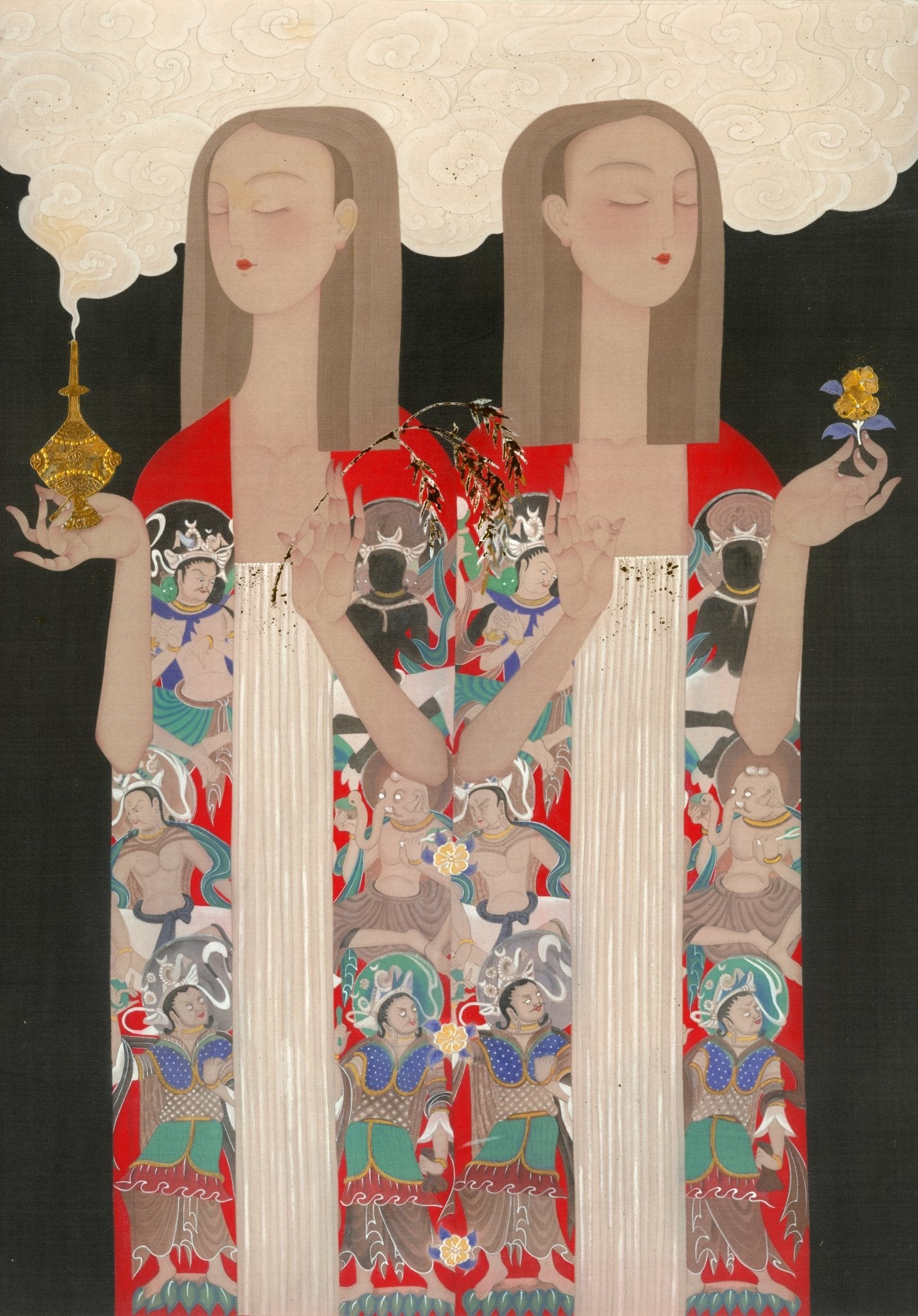 Prayer - Ink and Color on Silk 22.9'' × 30.9'' | Chinese Original Painting | Magic Bear Art