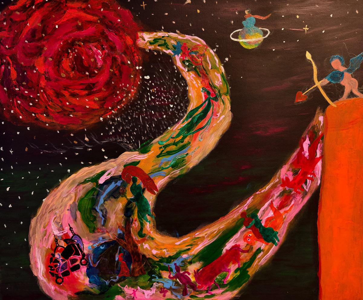 Acrylic on canvas painting "Rose Nebula" from the Fantasy Cosmic Nebula Series, presented with a slim black solid wood frame and red mat board, suitable for placement on a wooden tabletop or in a bedroom interior
