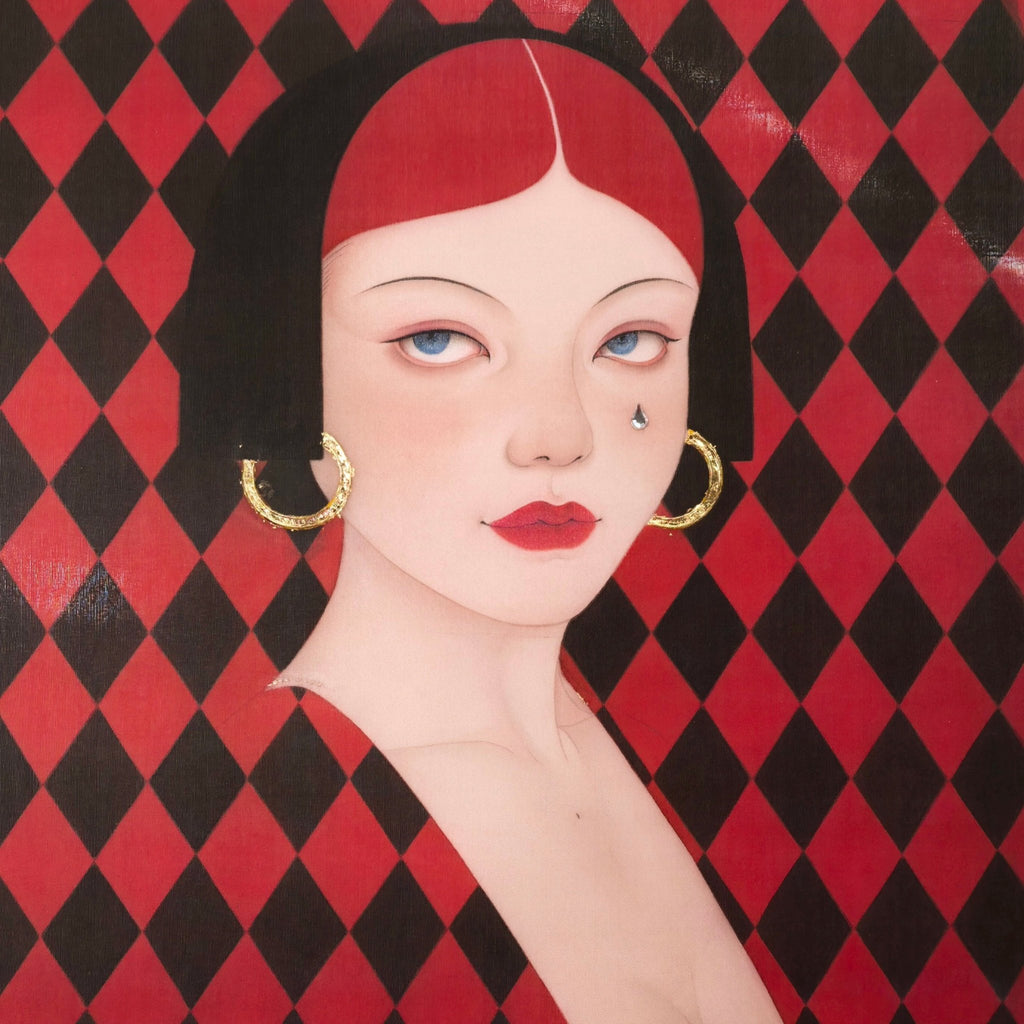 Silent Gaze - Ink and Color on Silk 11.8'' × 11.8'' | Chinese Original Painting | Magic Bear Art