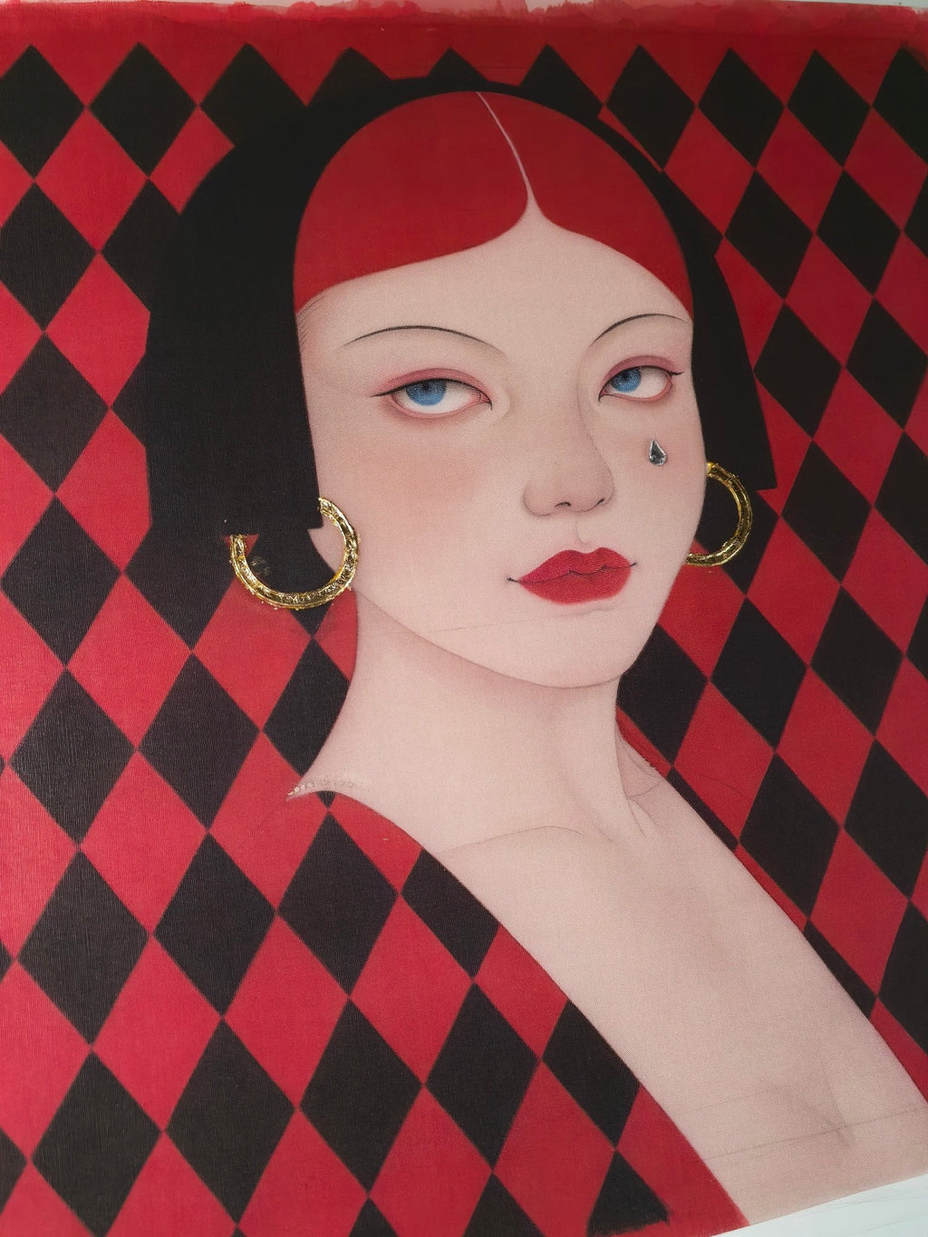 Silent Gaze - Ink and Color on Silk 11.8'' × 11.8'' | Chinese Original Painting | Magic Bear Art
