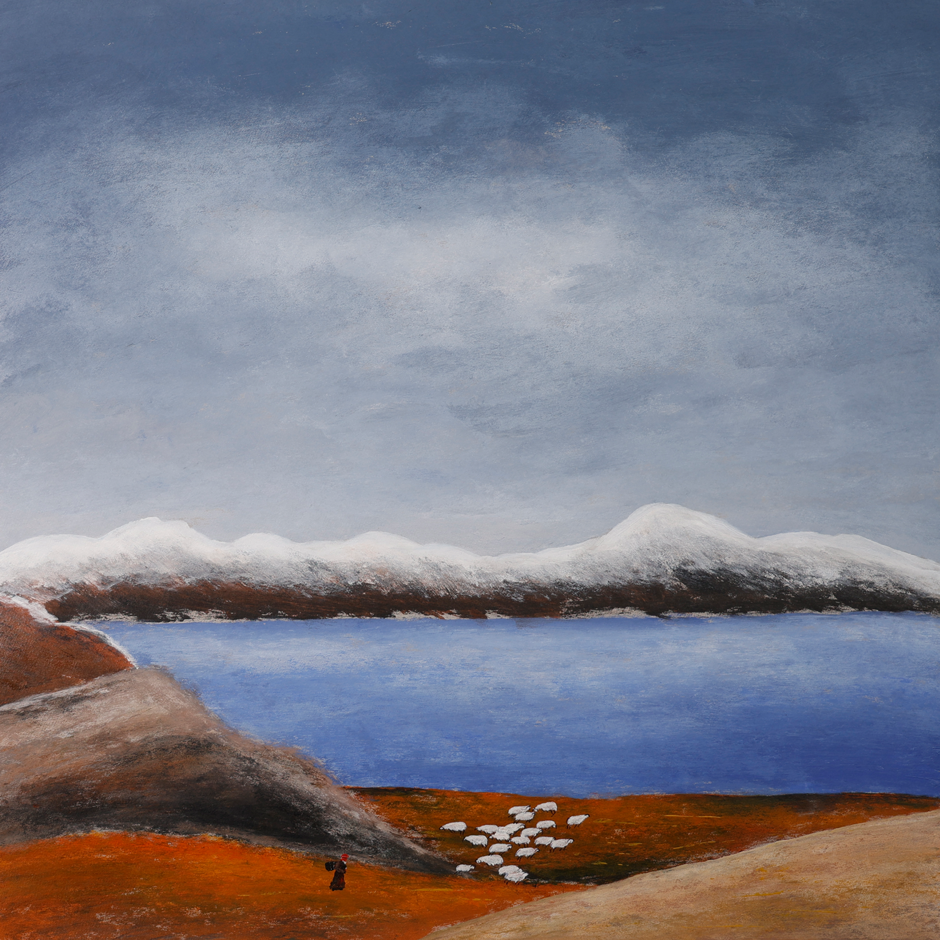 Square Chinese contemporary landscape painting, 70 x 70 cm, blue lake and snow mountains, floating mount with slim gold aluminum frame
