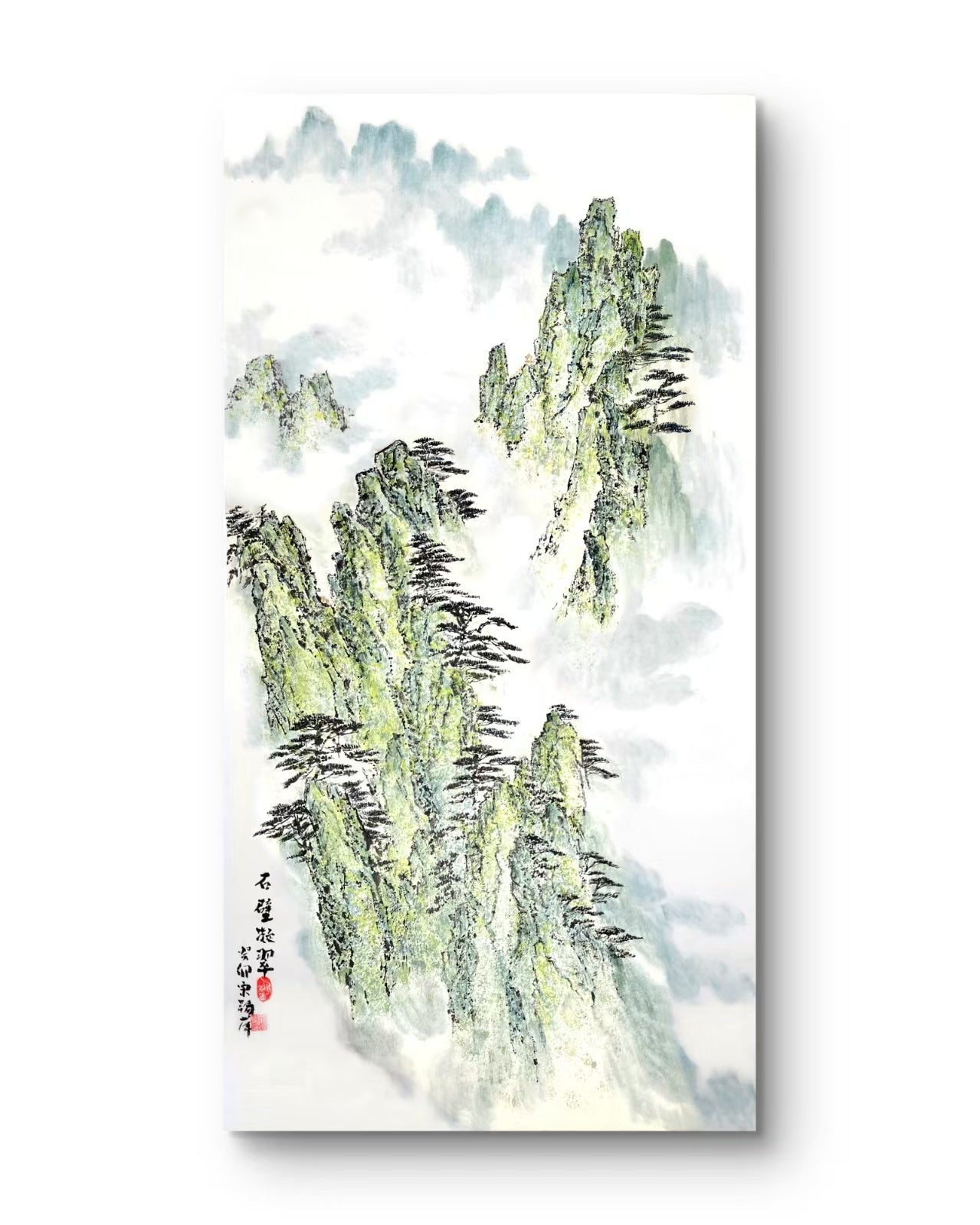 Stone Cliffs in Verdant Haze - Ink and Color on Xuan Paper 54.3'' × 27.2'' | Chinese Original Painting | Magic Bear Art