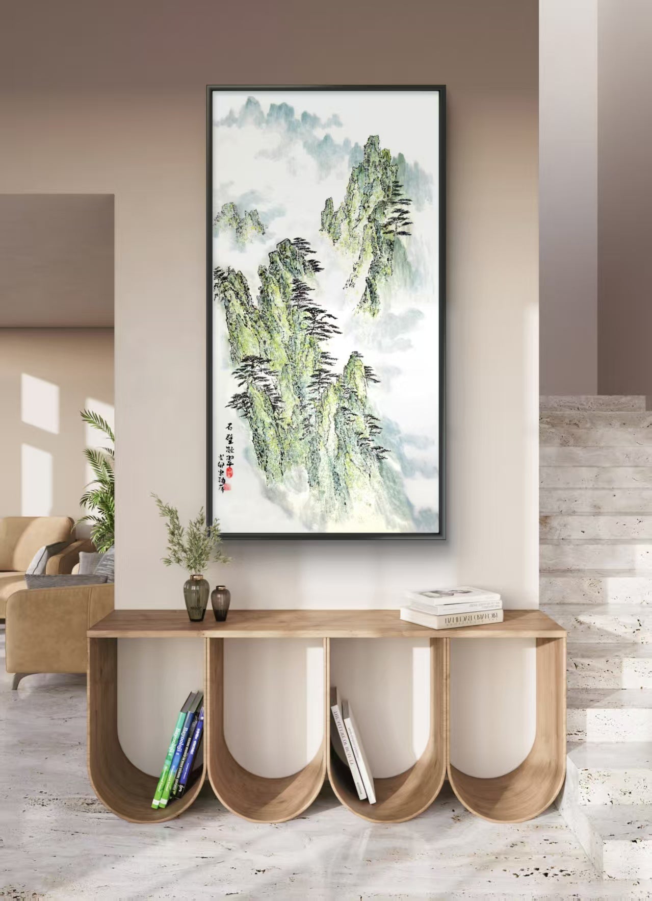 Stone Cliffs in Verdant Haze - Ink and Color on Xuan Paper 54.3'' × 27.2'' | Chinese Original Painting | Magic Bear Art