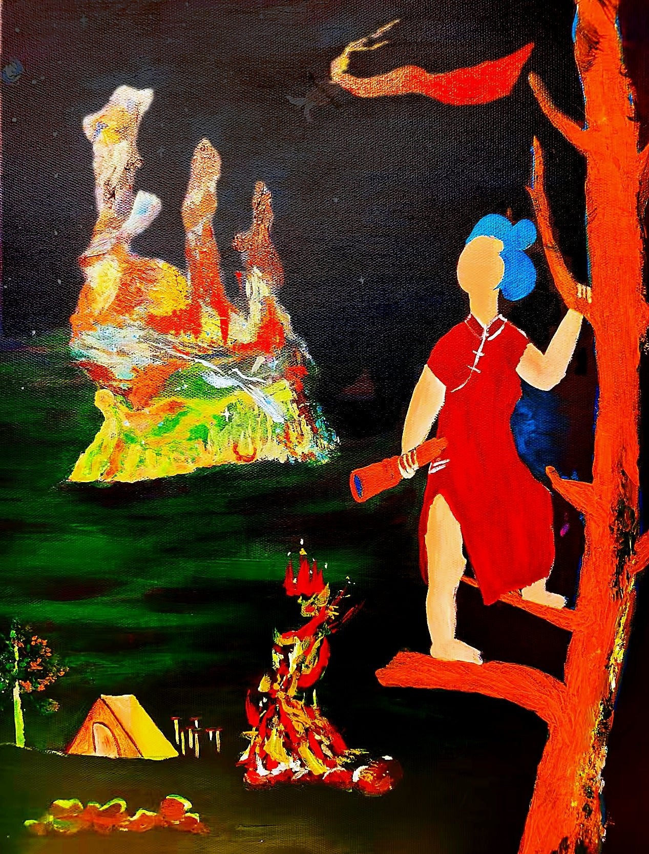 Humanity Gazing at the Universe，15.7''× 19.7 '' | Original Painting by Chinese Artist | Magic Bear Art