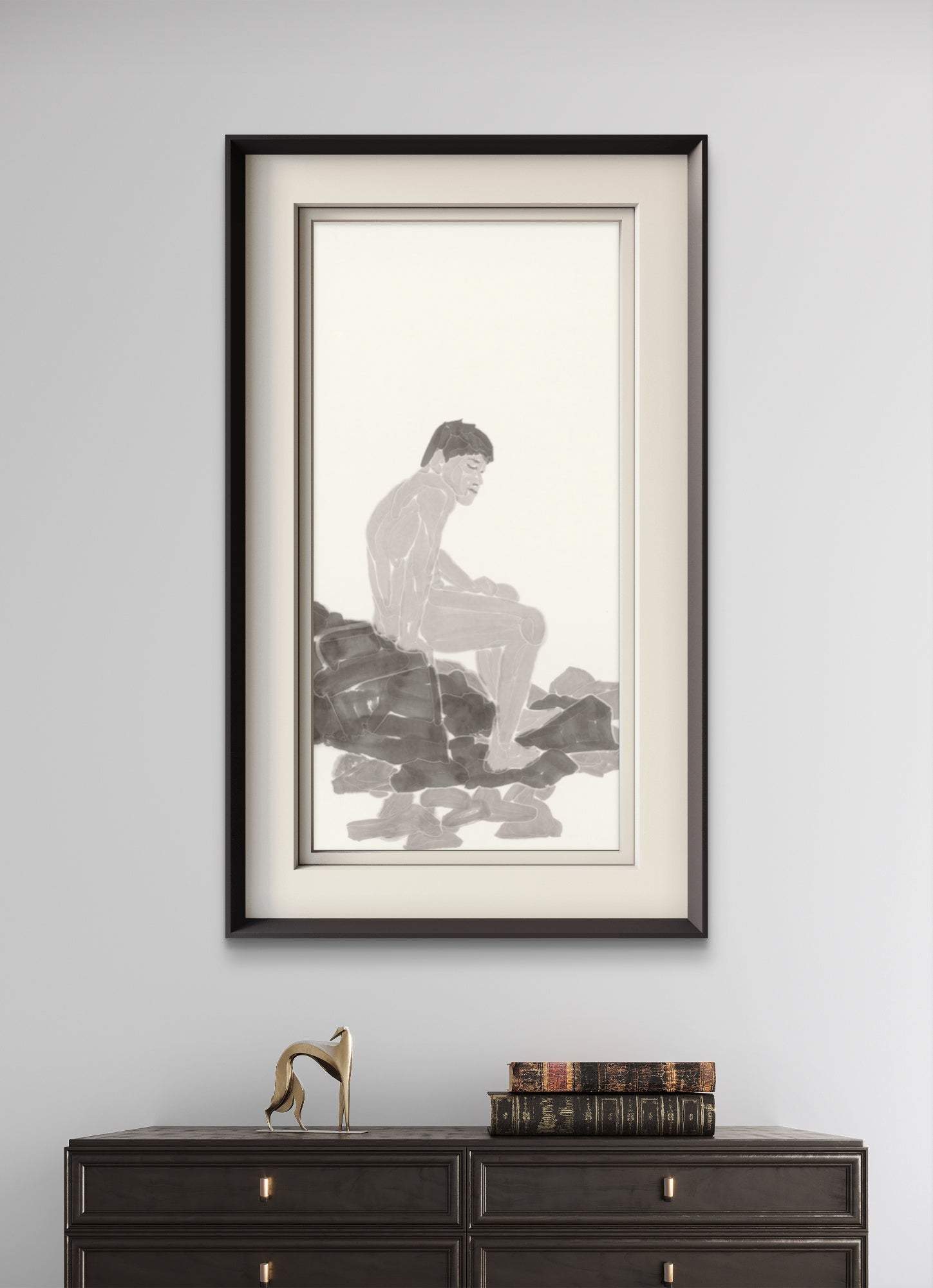 Waiting by the Stones - Chinese ink 54.3'' × 26.8'' | Chinese Original Painting | Magic Bear Art