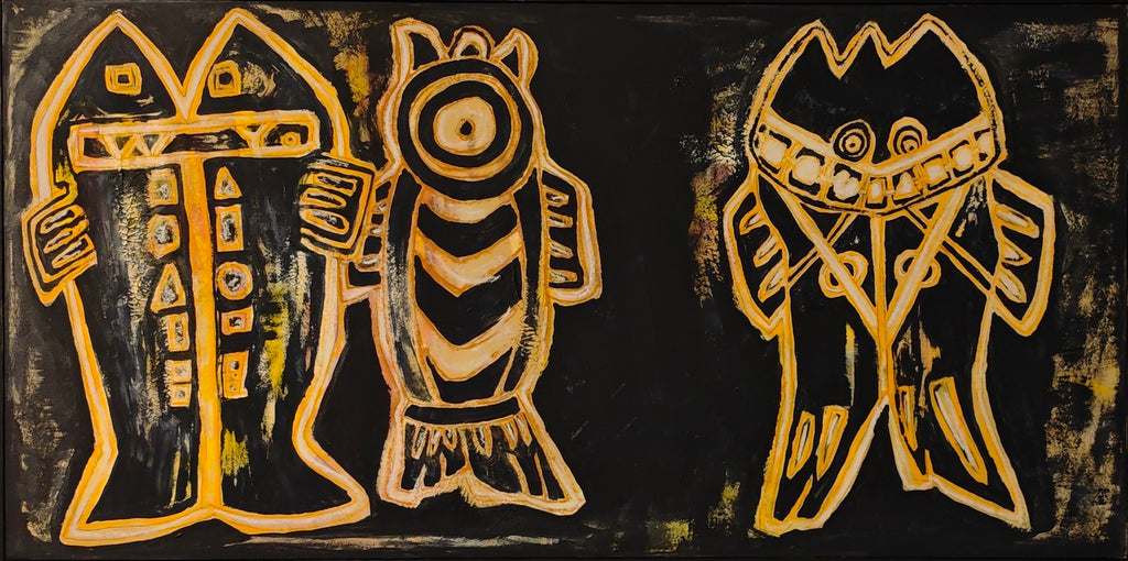 Original mixed media painting 'More Than Enough I' by Wei Ying, symbolic graffiti-style figures on dark background, contemporary art with ink and acrylic on Xuan paper board, premium wall decor for modern office or gallery.