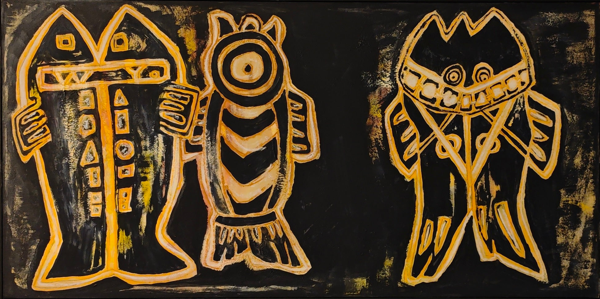 Original mixed media painting 'More Than Enough I' by Wei Ying, symbolic graffiti-style figures on dark background, contemporary art with ink and acrylic on Xuan paper board, premium wall decor for modern office or gallery.