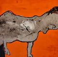 Original contemporary mixed media painting 'Roman Fantasy' by Wei Ying, bold orange background with abstract animal figure, featuring spray paint and oil pastel on Xuan paper board, floating mount in black wood frame, modern fine art collectible.