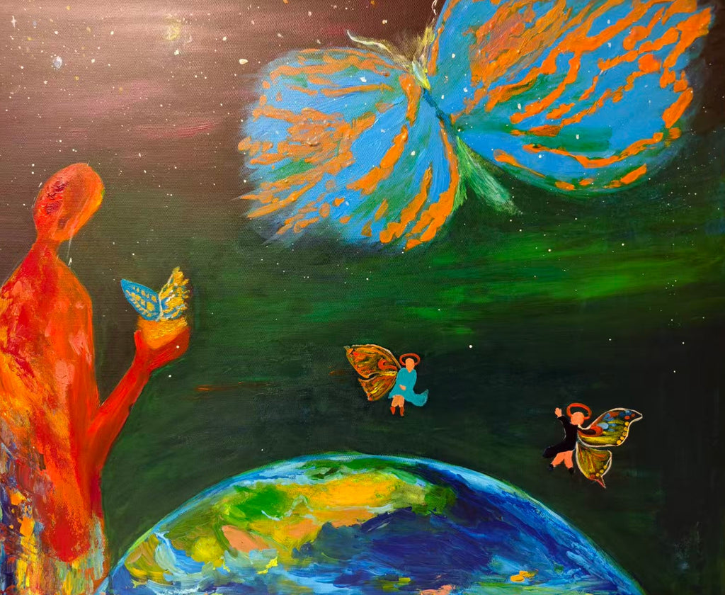 Original surrealist acrylic painting 'God of Creation' by Zhang Yongjiu, dreamlike cosmic art with butterflies and stars on canvas, colorful imaginative wall decor for modern home, premium fine art collectible.