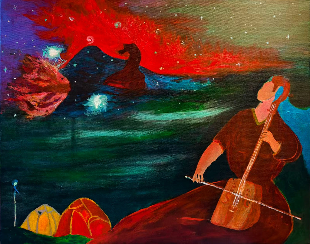 Original surrealist acrylic painting 'The Nebula of Imagination' by Zhang Yongjiu, figure playing music in Horsehead Nebula inspired cosmos, dreamlike spiritual wall art on canvas with black wood frame, high-end fine art investment.